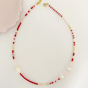 Boho Beaded Necklace Freshwater Pearl Red Pink Gold-color Choker