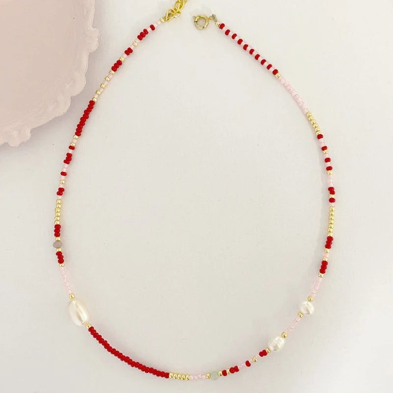 Boho Beaded Necklace Freshwater Pearl Red Pink Gold-color Choker