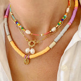 Boho Beaded Necklace Freshwater Pearl Red Pink Gold-color Choker
