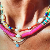 Boho Beaded Necklace Freshwater Pearl Red Pink Gold-color Choker