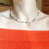 Boho Beaded Necklace Freshwater Pearl Red Pink Gold-color Choker