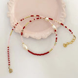 Boho Beaded Necklace Freshwater Pearl Red Pink Gold-color Choker