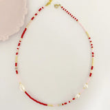 Boho Beaded Necklace Freshwater Pearl Red Pink Gold-color Choker