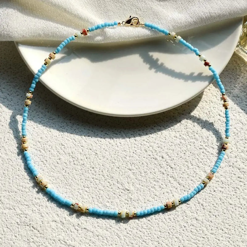 Bohemian Colorful Rice Bead Necklace Agate Crystal Ethnic Style Clavicle Chain