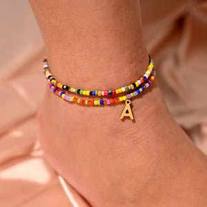 Bohemian Seedbead Initial Anklet Stainless Steel Beach Jewelry