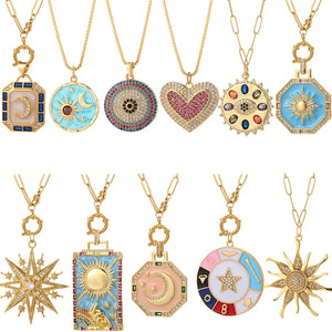 Bohemian Moon Sun Star Necklace Heart Pendant Stainless Steel Long Chain