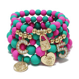Boho Multicolor Acrylic Beaded Bracelet Rhinestone Letter Heart Bangle