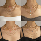 Enamel Happy Face Choker Necklace Boho Layered Chain Jewelry