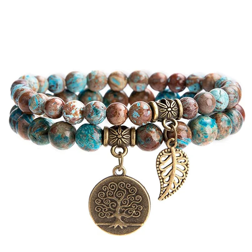 Bohemian Tiger Eye Beaded Stone Bracelet Set with Leaf Pendant