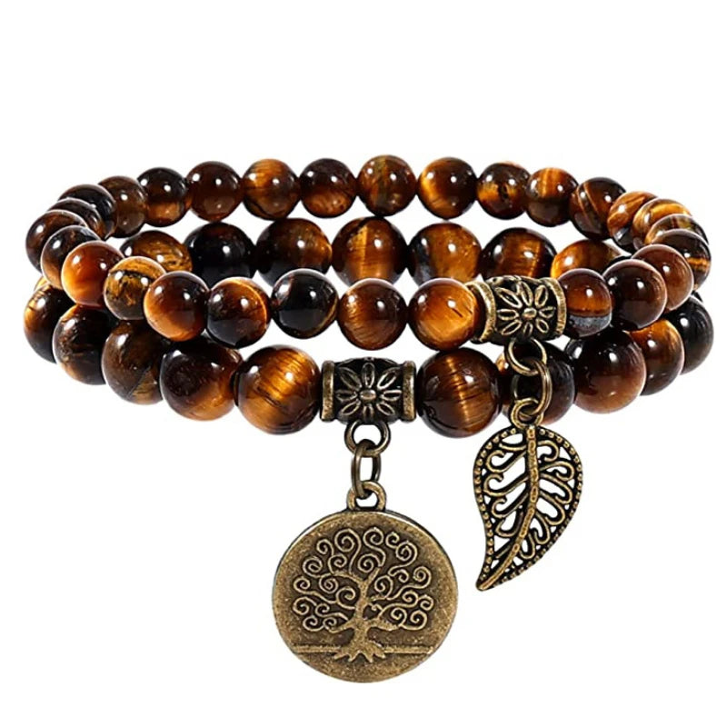 Bohemian Tiger Eye Beaded Stone Bracelet Set with Leaf Pendant