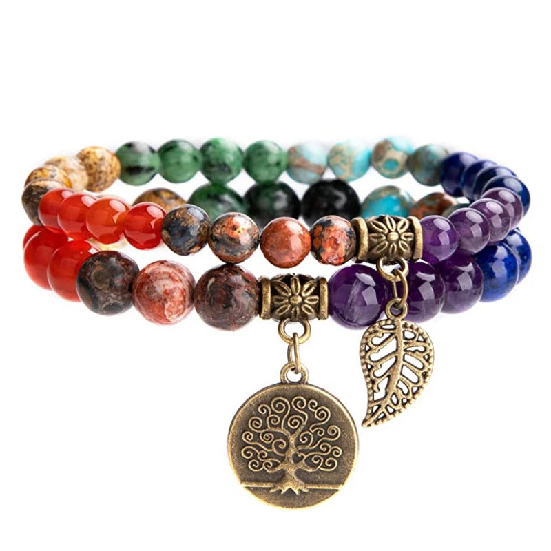 Bohemian Tiger Eye Beaded Stone Bracelet Set with Leaf Pendant