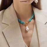 Bohemian Turquoise Stone Necklace with Pearl Pendant