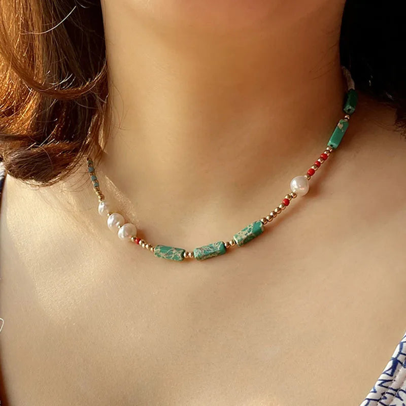 Bohemian Green Stone Pearl Necklace Choker CN012