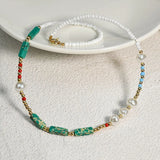 Bohemian Green Stone Pearl Necklace Choker CN012