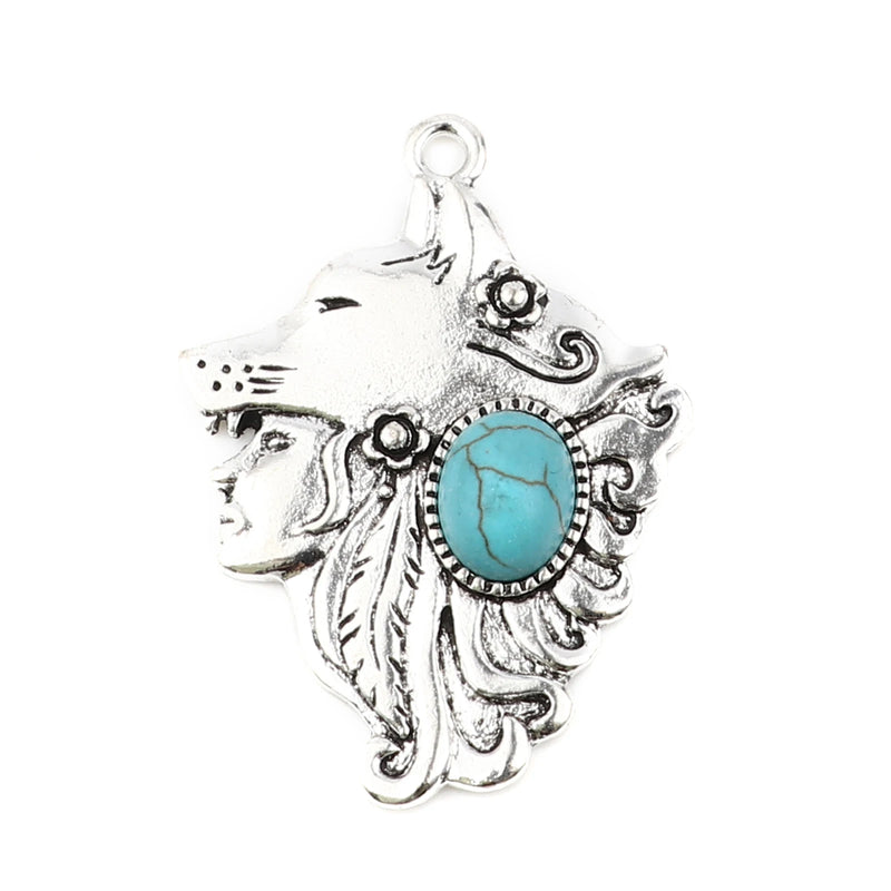 Bohemian Wolf Antique Silver Metal Pendants DIY Necklace 43mm x 31mm