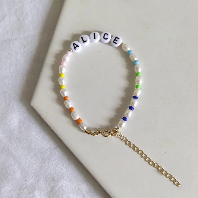 Bohemian Oval Pearl Name Bracelet Personalized for Women