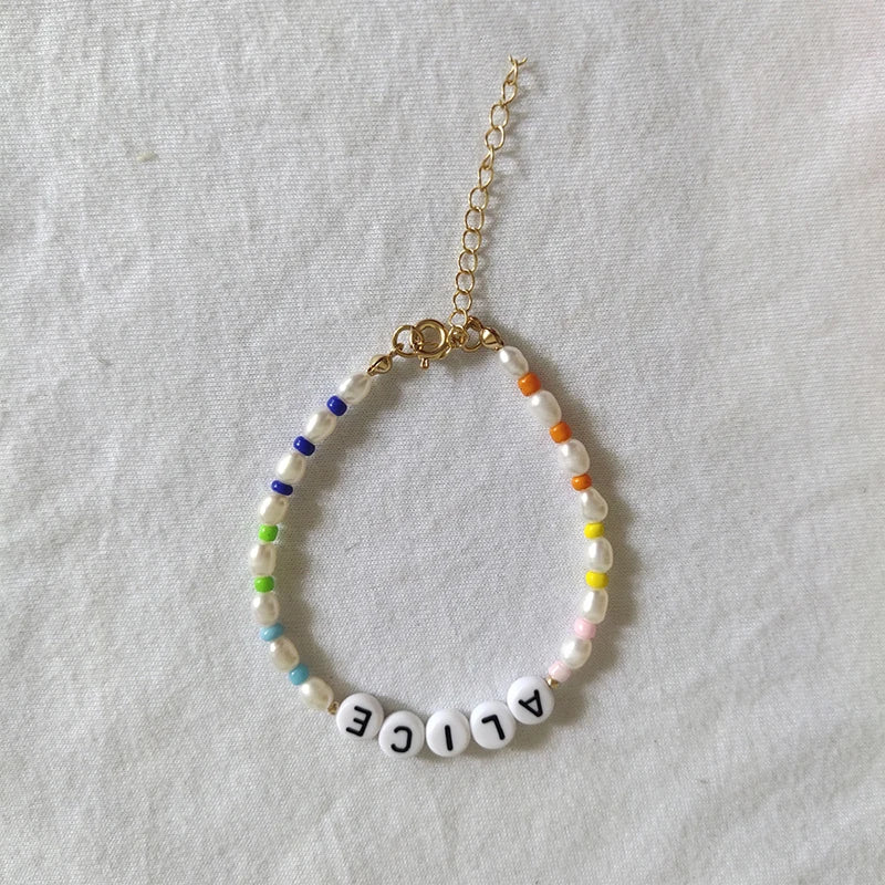 Bohemian Oval Pearl Name Bracelet Personalized for Women