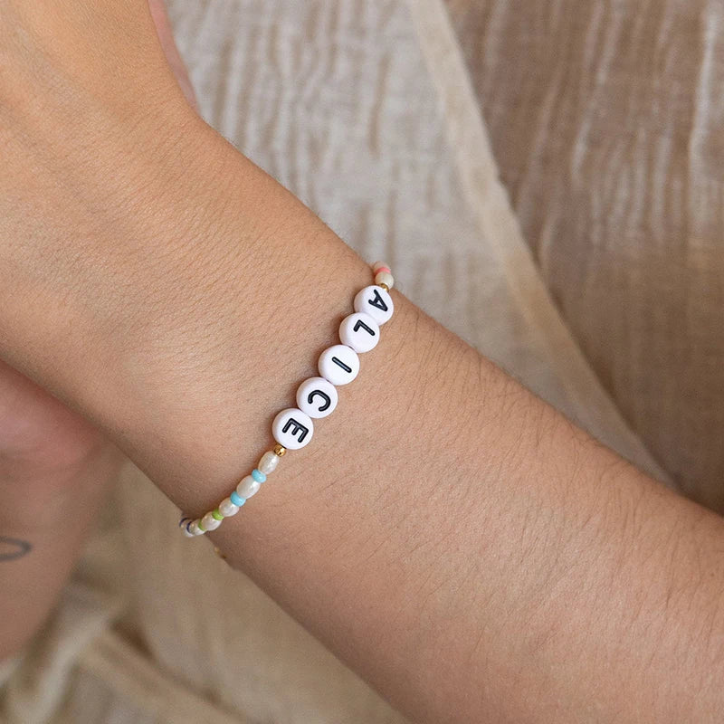 Bohemian Oval Pearl Name Bracelet Personalized for Women