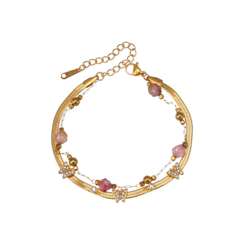 Bohemian Pink Bead Butterfly Charm Rhinestone Layered Bracelet