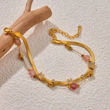 Bohemian Pink Bead Butterfly Charm Rhinestone Layered Bracelet