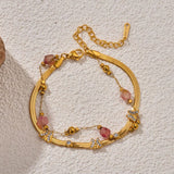 Bohemian Pink Bead Butterfly Charm Rhinestone Layered Bracelet