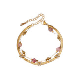 Bohemian Pink Bead Butterfly Charm Rhinestone Layered Bracelet