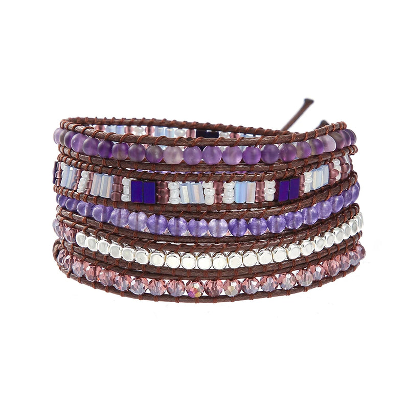 Bohemian Purple Gemstone Crystal Japan Seed Bead 5 Wrap Bracelet
