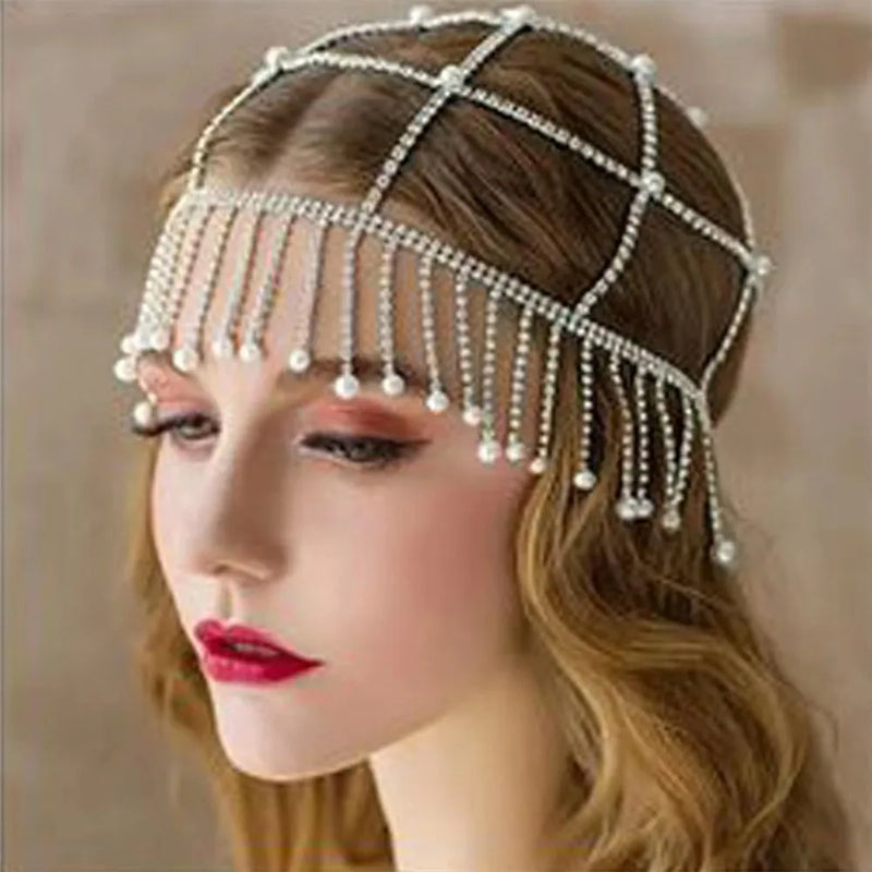 Bohemian Rhinestone Tassel Headband Cap Hair Jewelry