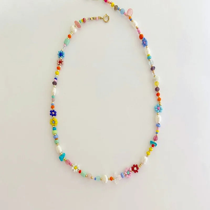 Stained Glass Rice Bead Necklace Natural Pearl Women's Short Necklace