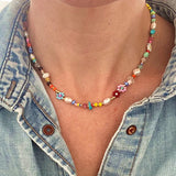 Stained Glass Rice Bead Necklace Natural Pearl Women's Short Necklace