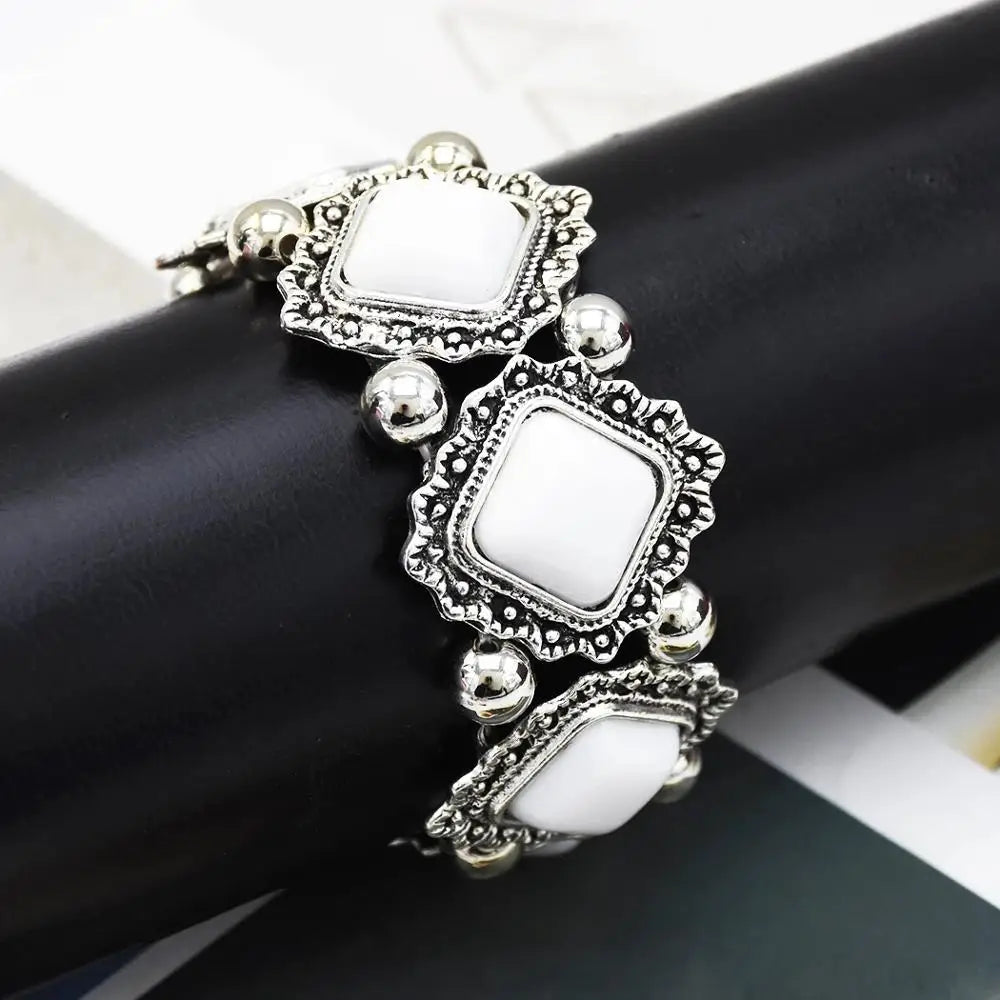 Boho Stone Bracelets Elastic Bangles Tibetan Silver Ethnic Vintage Stretch