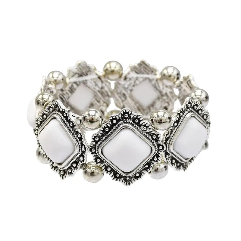 Boho Stone Bracelets Elastic Bangles Tibetan Silver Ethnic Vintage Stretch