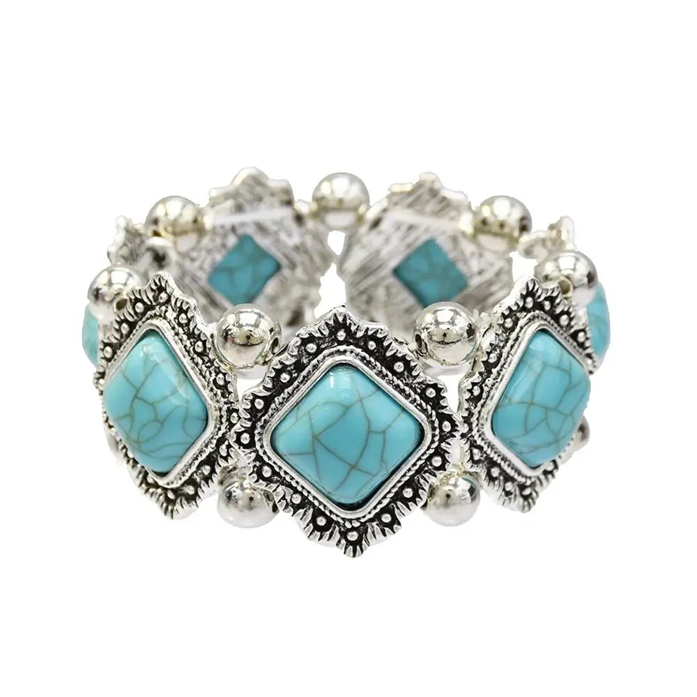Boho Stone Bracelets Elastic Bangles Tibetan Silver Ethnic Vintage Stretch