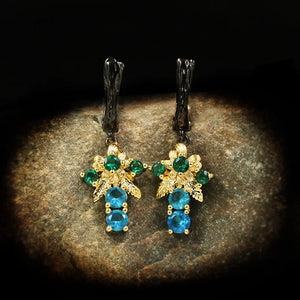 Bohemian Style Zircon Drop Earrings Golden Flower Silver Jewelry
