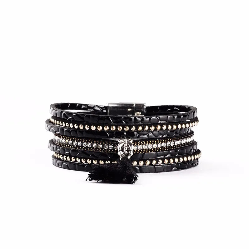 Boho Style Rhinestone Leather Bracelet Multi-layer Retro National