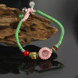 Boho Rose Quartz Wrap Bracelet with Copper Bell Dangle