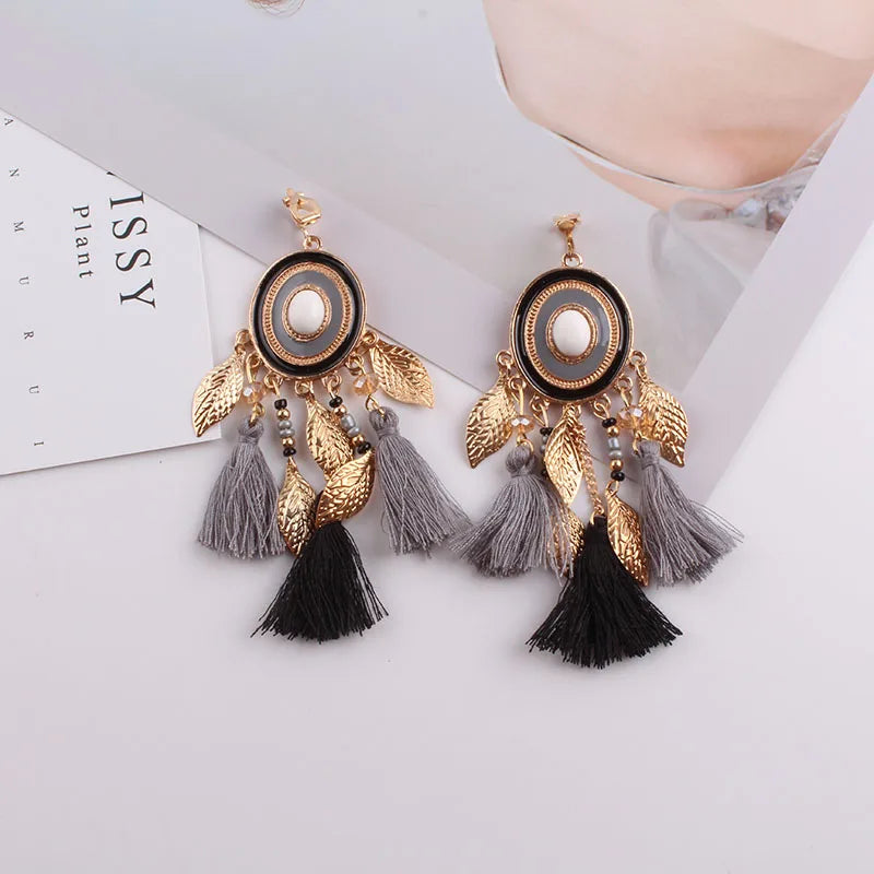 Bohemian Tassel Clip Earrings No Piercing Acrylic Beads Jewelry