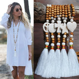 Boho Tassel Wood Bead Necklace with Turquoise Pendant