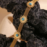 Boho Turquoise Sunflower Mesh Chain Bracelet 18K Plated Stainless Steel