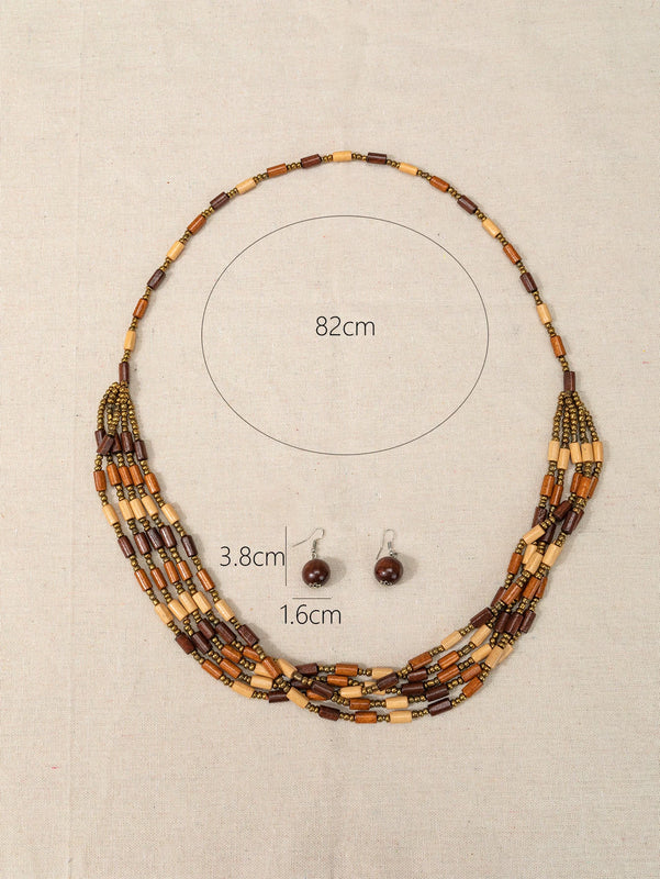 Boho Vintage Festive Wood Jewelry Set Long Sweater Chain Necklace