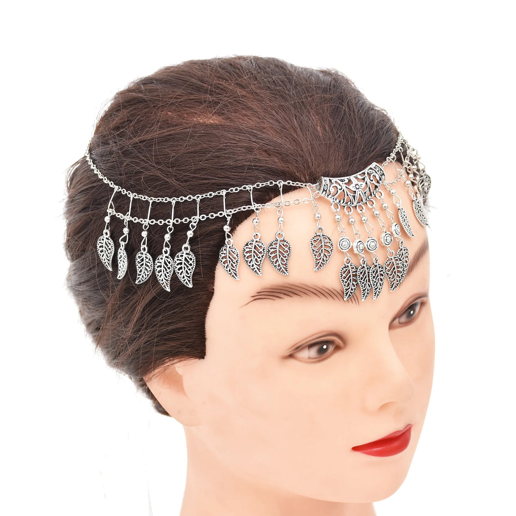 Vintage Metal Leaf Tassel Head Chains Headbands Ethnic Hair Accessory
