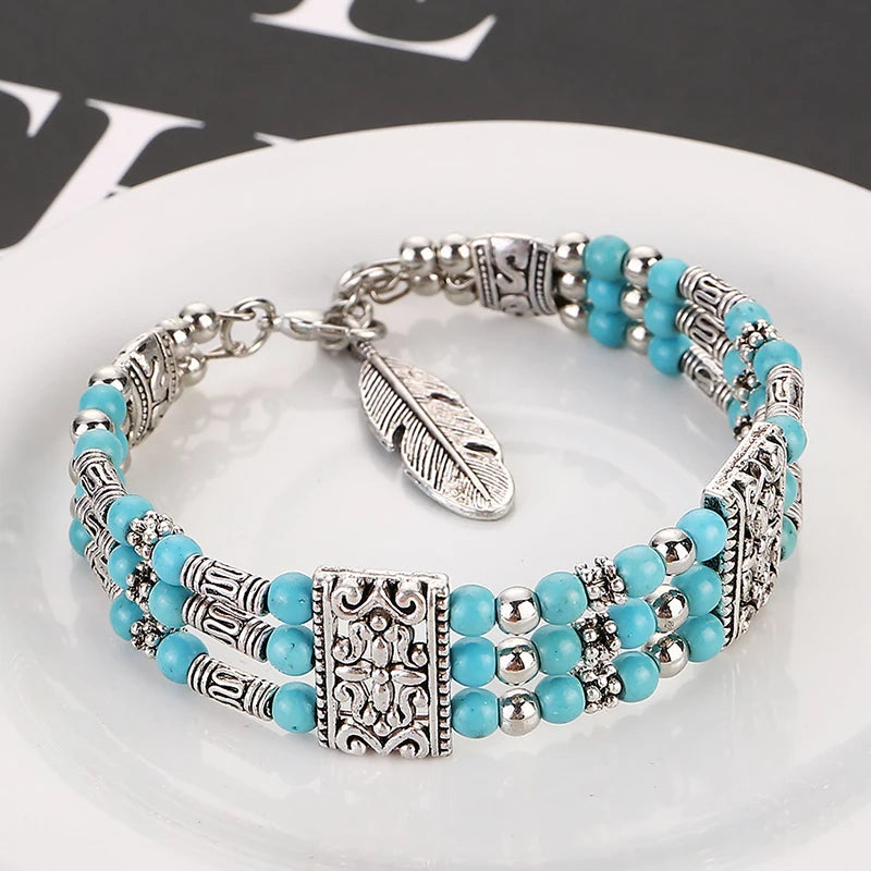 Boho Vintage Stone Bead Feather Charm Bracelet for Women