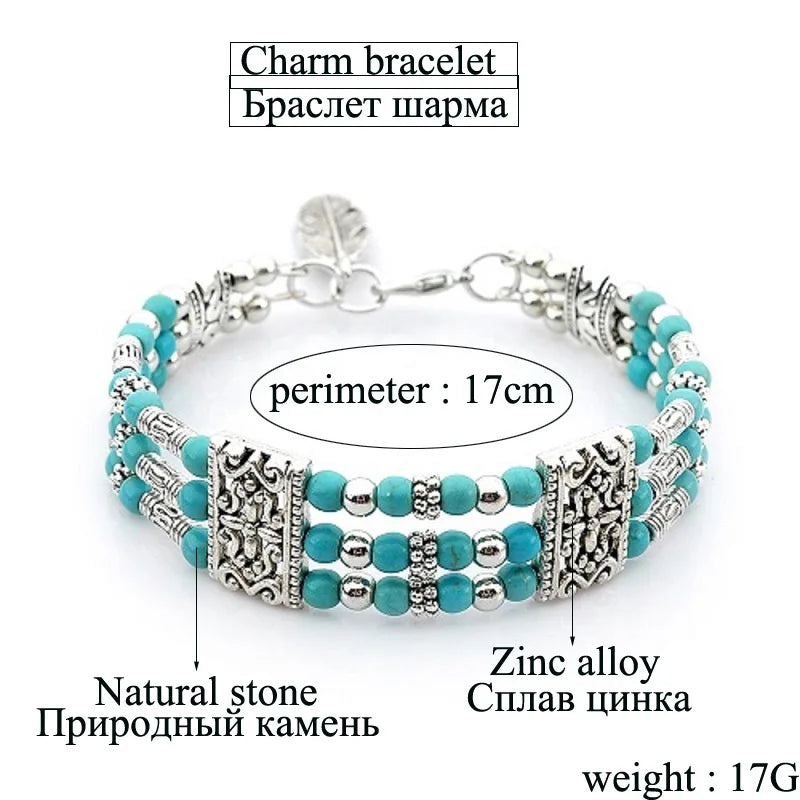 Boho Vintage Stone Bead Feather Charm Bracelet for Women