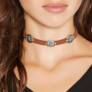 Bohemian Vintage Silver Brown Ribbon Torques Necklace
