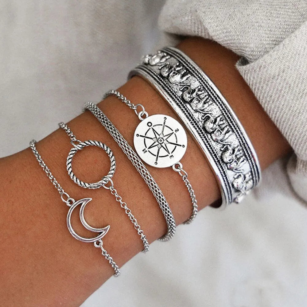 Bohemian Vintage Woman Silver Chain Bracelet Sets Moon Circle Elephant Charm