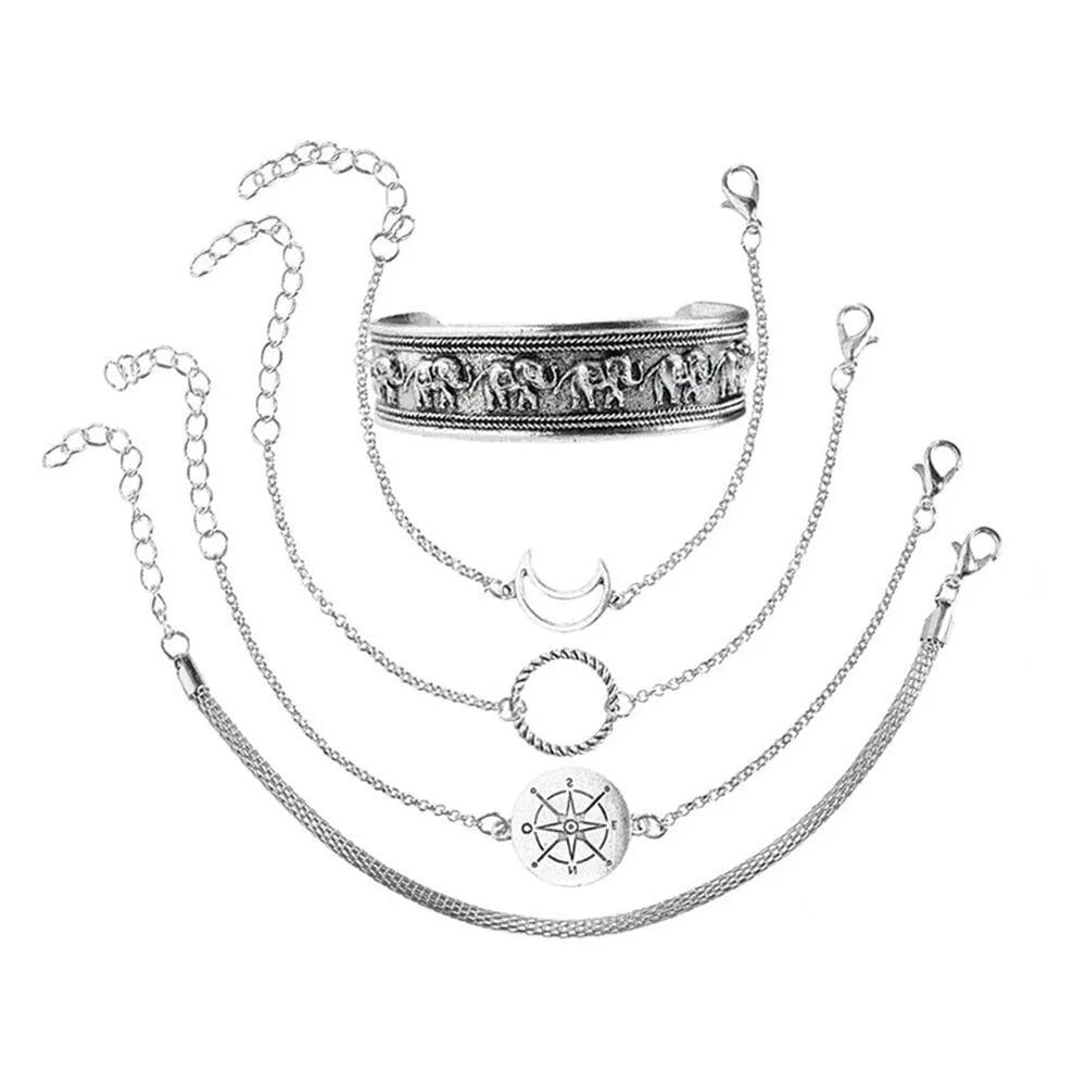 Bohemian Vintage Woman Silver Chain Bracelet Sets Moon Circle Elephant Charm