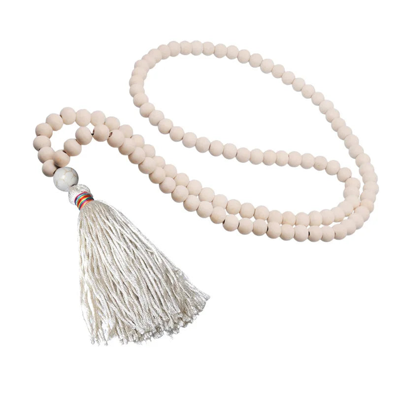 Bohemian Wooden Bead Necklace Women's Cotton Linen Tassel Sweater Chain Pendant