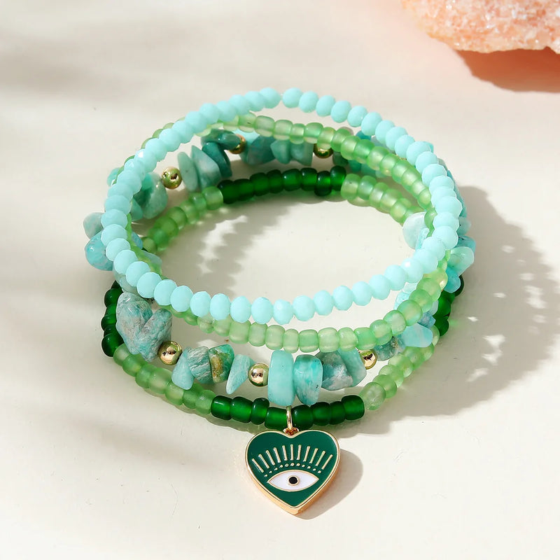 Bohemian Women Green Glass Beads Bracelet Set