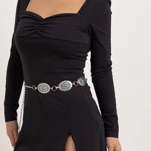 Boho Women Waist Belt with Turquoise Buckle Ethnic Style Chain