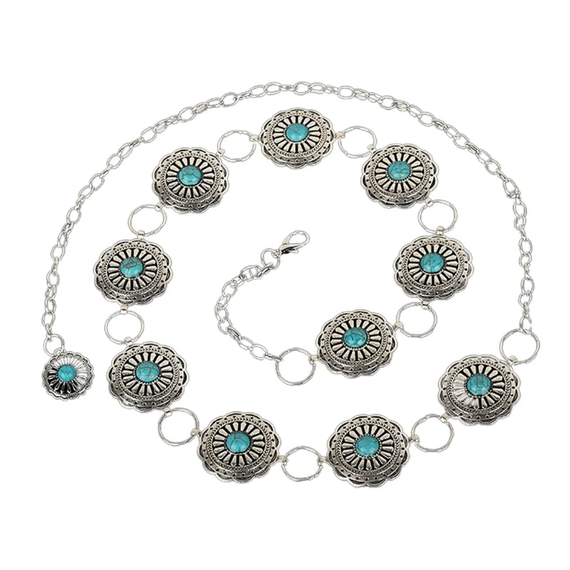 Boho Women Waist Belt with Turquoise Buckle Ethnic Style Chain